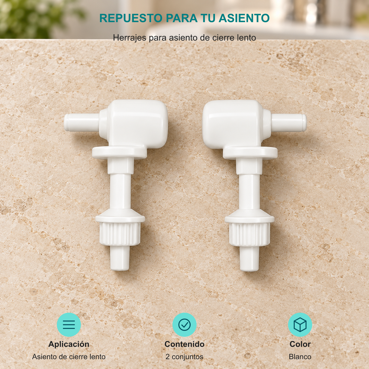 Herrajes para asiento de cierre lento. Aplicación: Asiento de cierre lento. Contenido: 2 conjuntos. Color: Blanco.