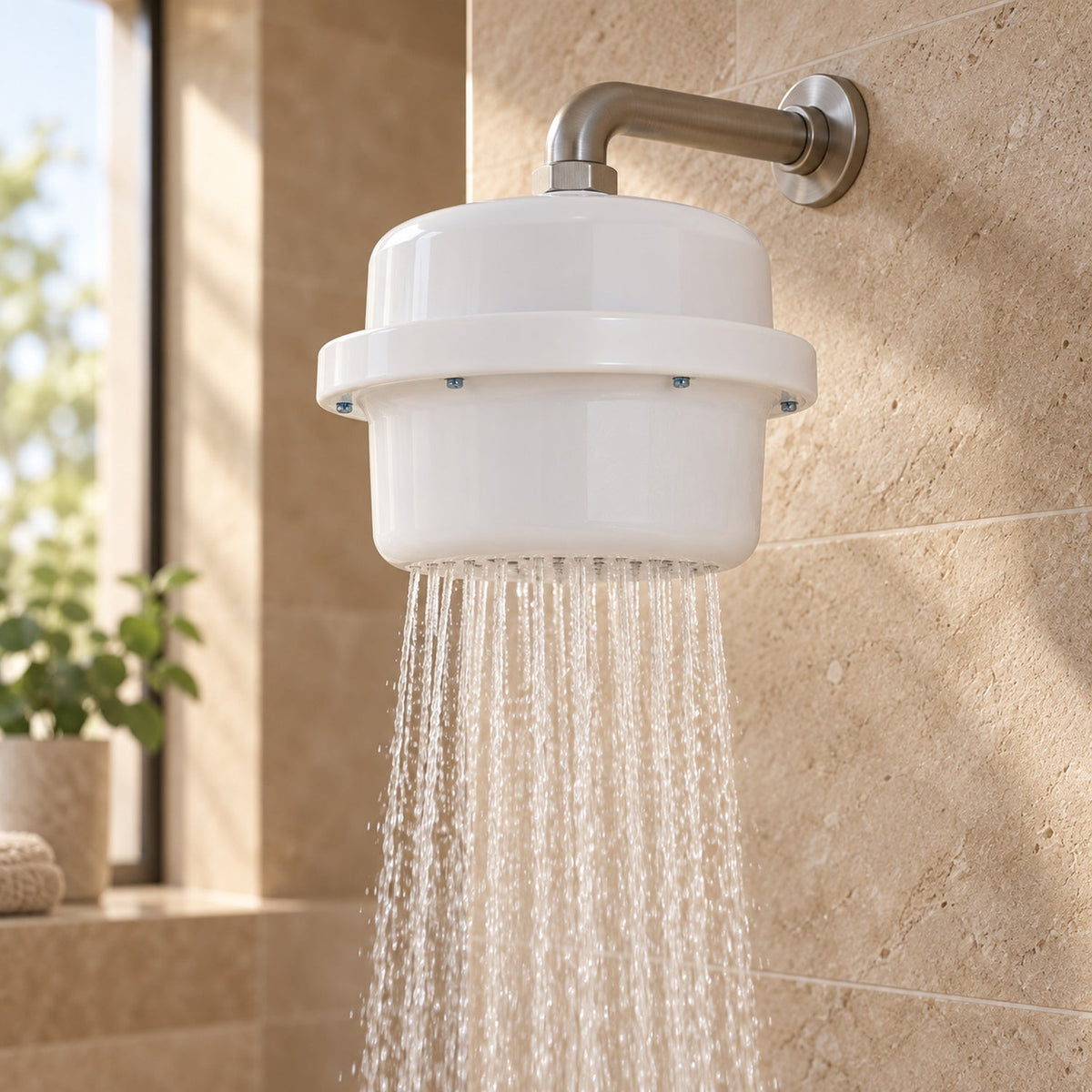 Ducha eléctrica Victory blanca dirigible instalada en un baño; la escena muestra accesorios no incluidos