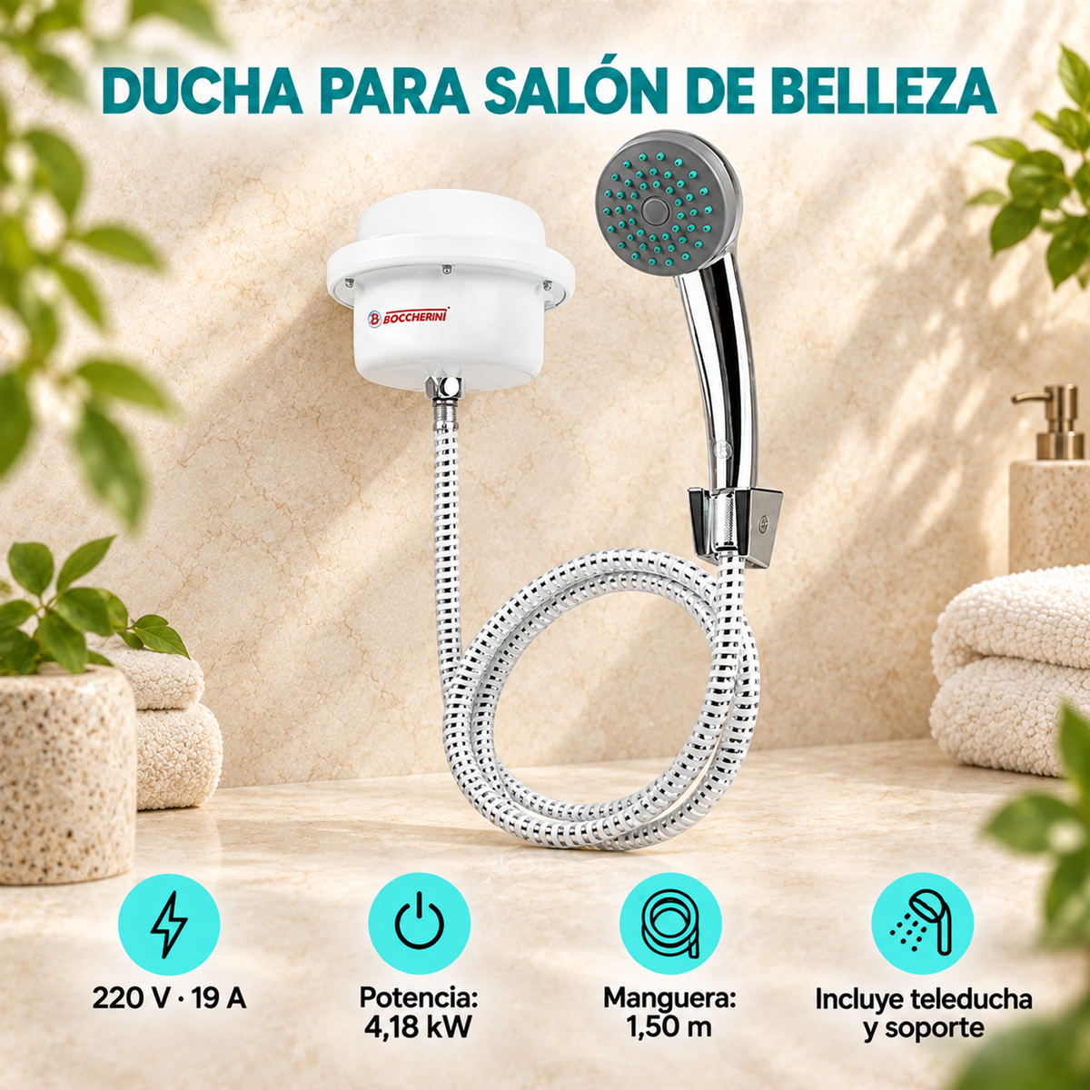 Ducha eléctrica blanca para salón de belleza 220 V con teleducha, soporte y manguera de 1,50 m.