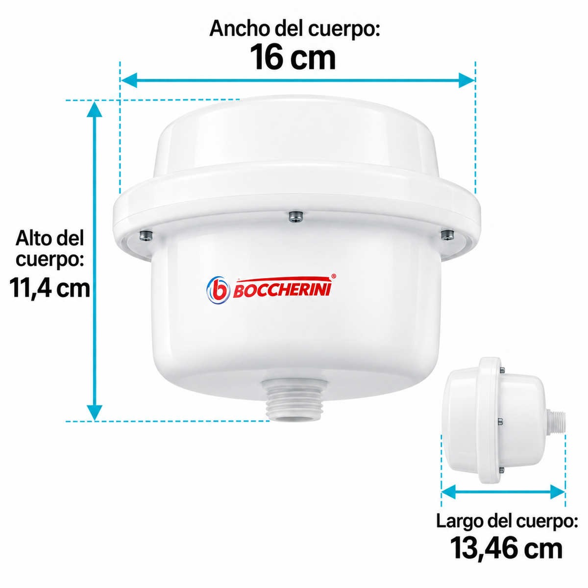 Medidas del cuerpo de ducha eléctrica blanca para salón: alto 11,4 cm, ancho 16 cm y largo 13,46 cm.