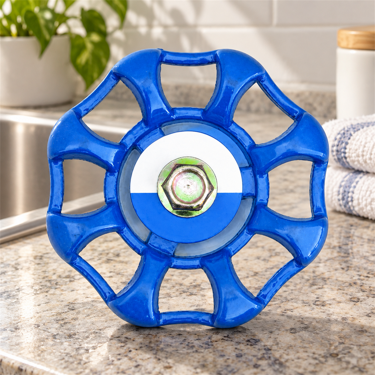 Manilla Azul de Aluminio para Llave de Paso 1/2 pulg sobre superficie ambientada, vista del repuesto