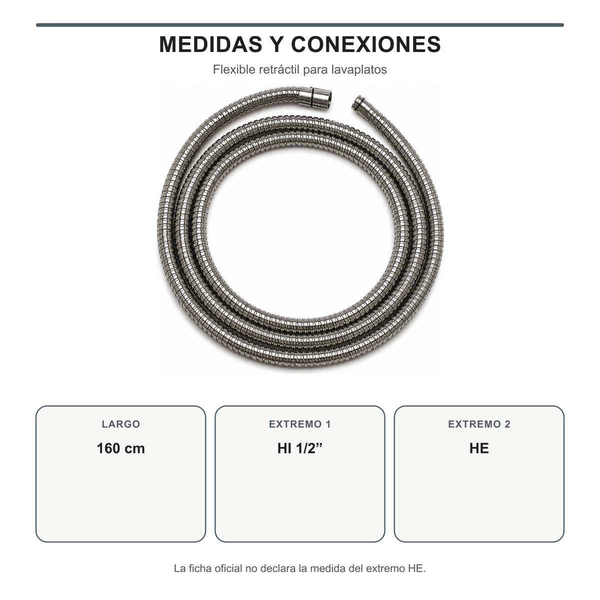 Medida y conexiones de la manguera retráctil de 160 cm con extremo HI de 1/2 y extremo HE