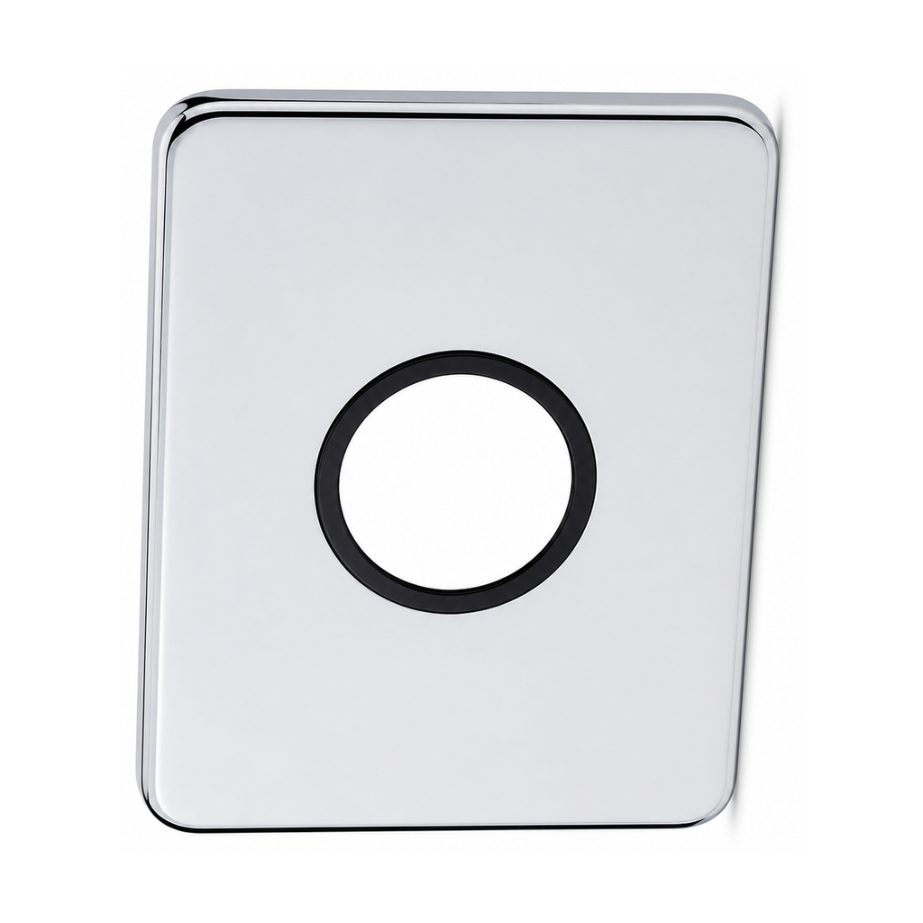 Escudo rectangular de acero inoxidable para ducha empotrada sobre fondo blanco