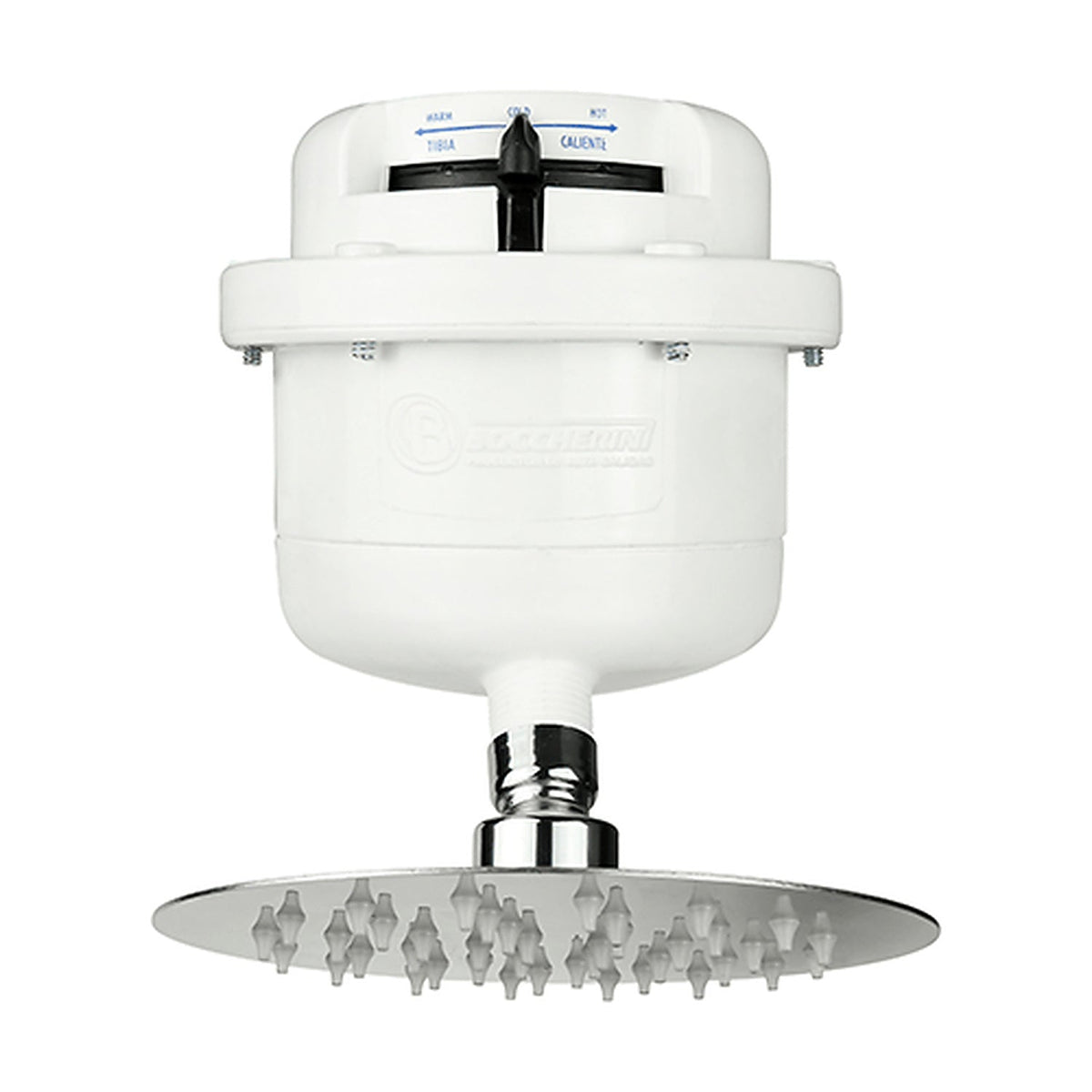 Vista frontal ampliada de ducha Fusión Slim con regadera cromada