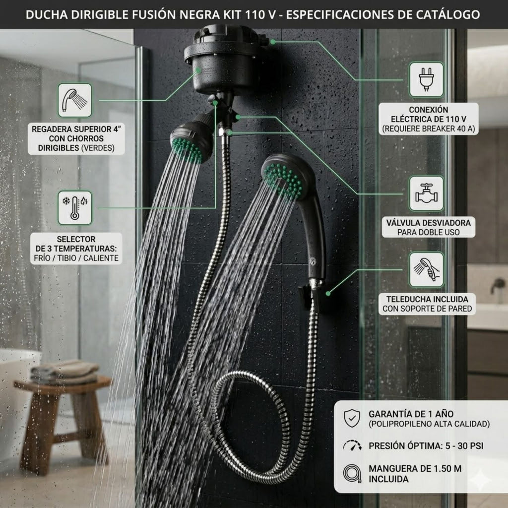 Ducha Eléctrica Fusion Dirigible Negra Kit 110V