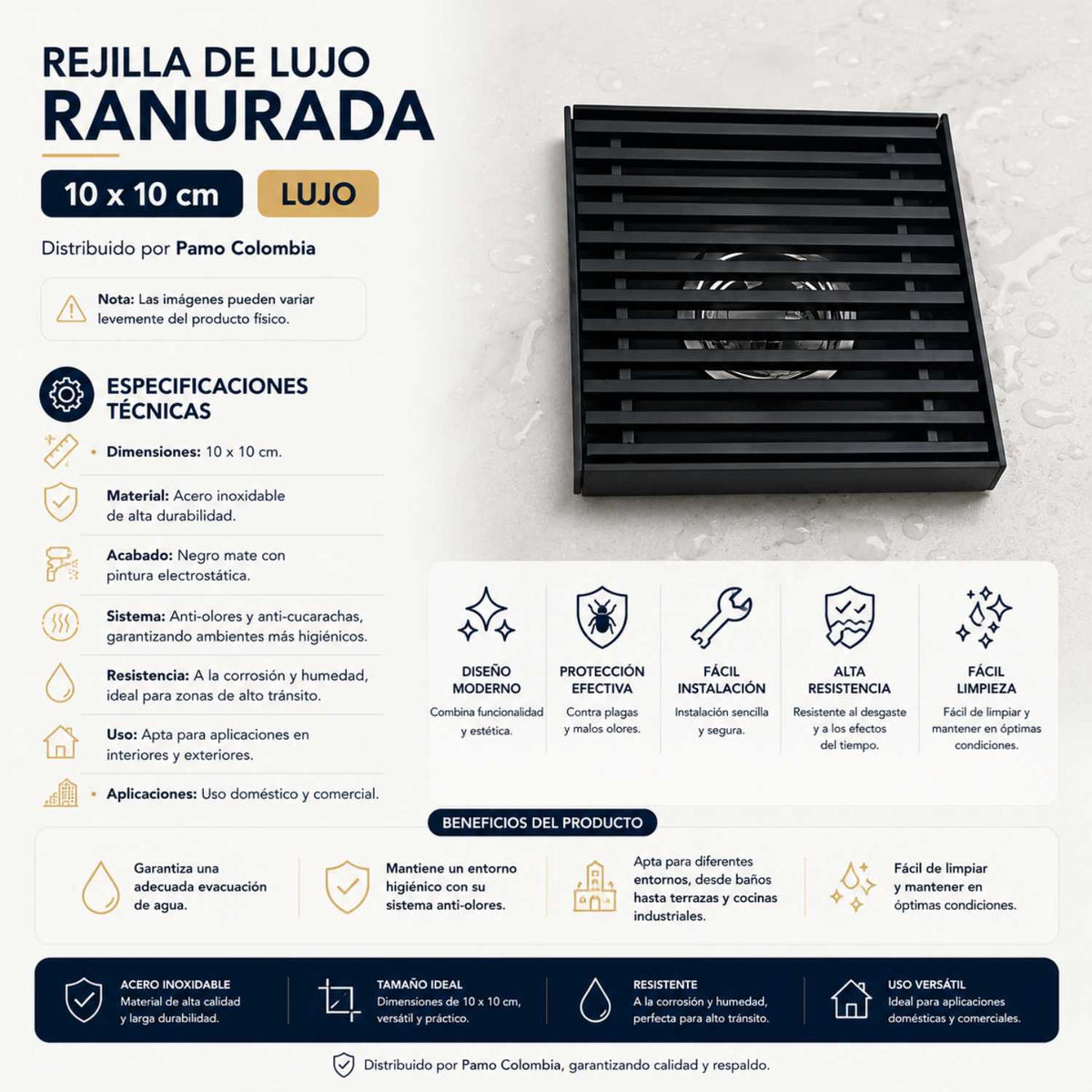 Rejilla de Piso Ranurada Negra Mate 10x10 cm en Acero Inoxidable con Sistema Antiolores