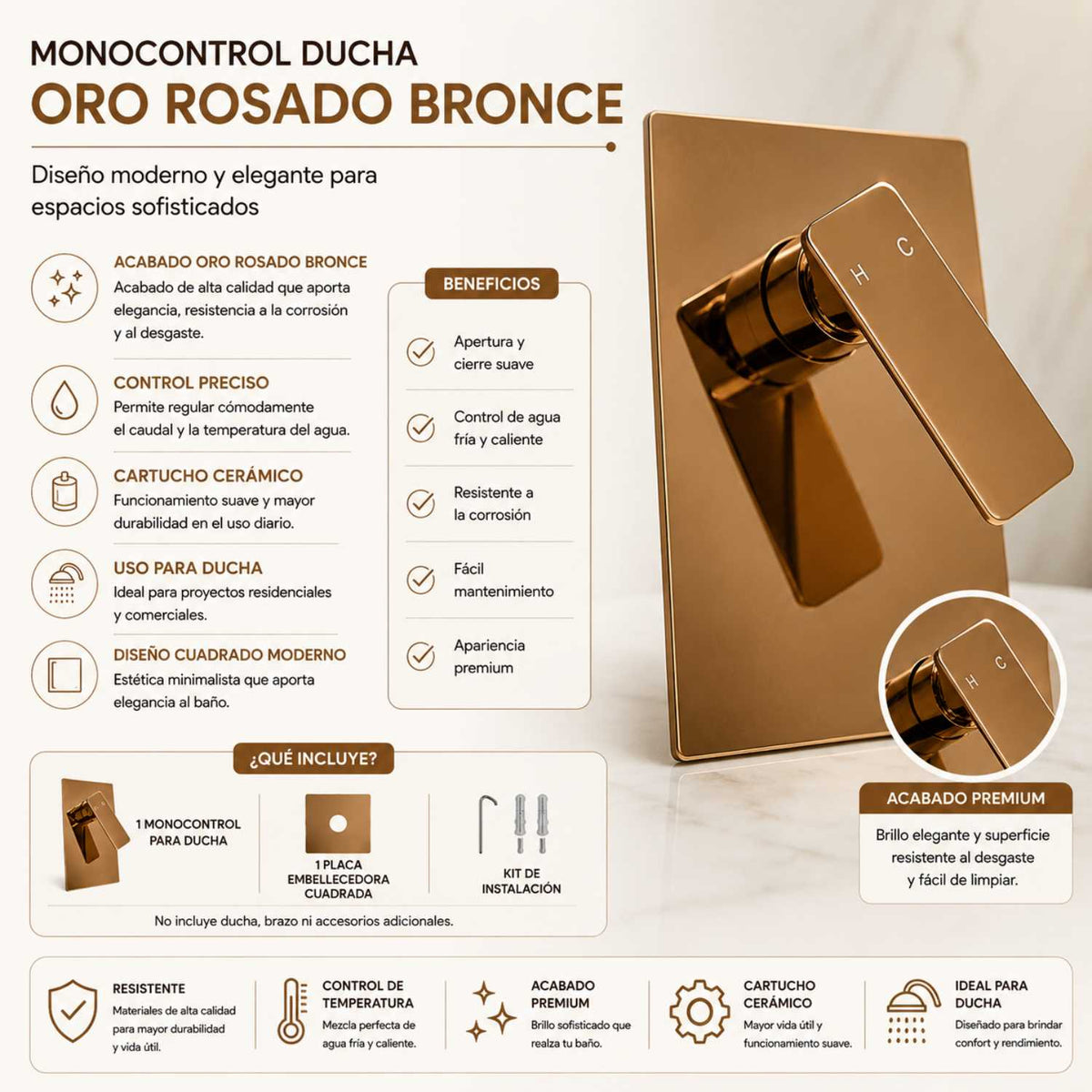 Grifería Monocontrol Ducha Plano Oro Rosa Empotrada 18 X 12 cm