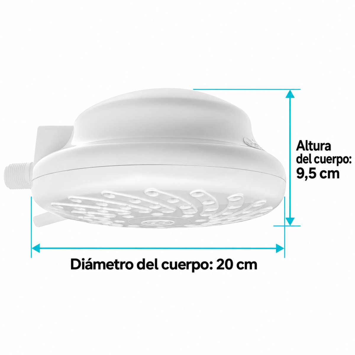 Medidas del cabezal: 20 cm de diámetro y 9,5 cm de alto, sin el niple