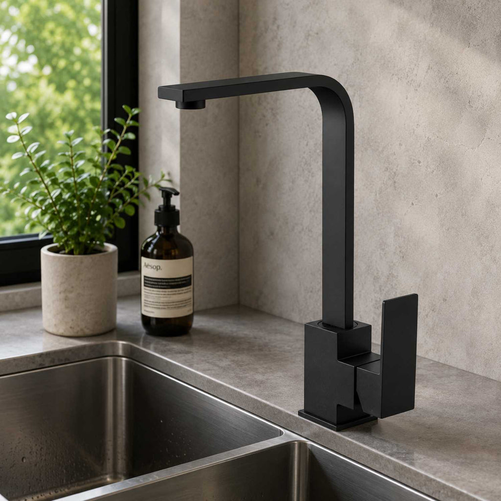 Grifería Monocontrol Lavaplatos Cuello En L Negro Mate 34 cm