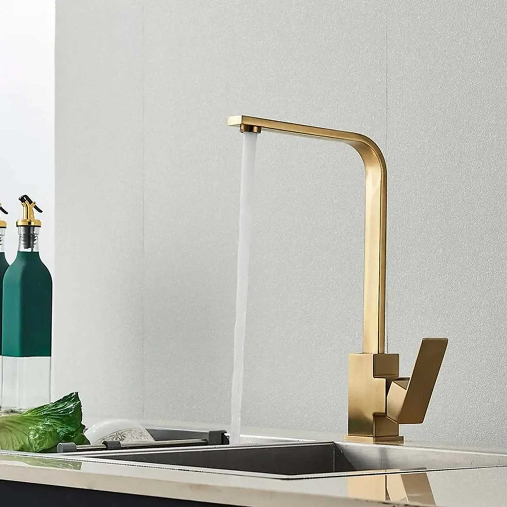 Grifería Monocontrol Lavaplatos Cuello En L Oro Cepillado 35 cm