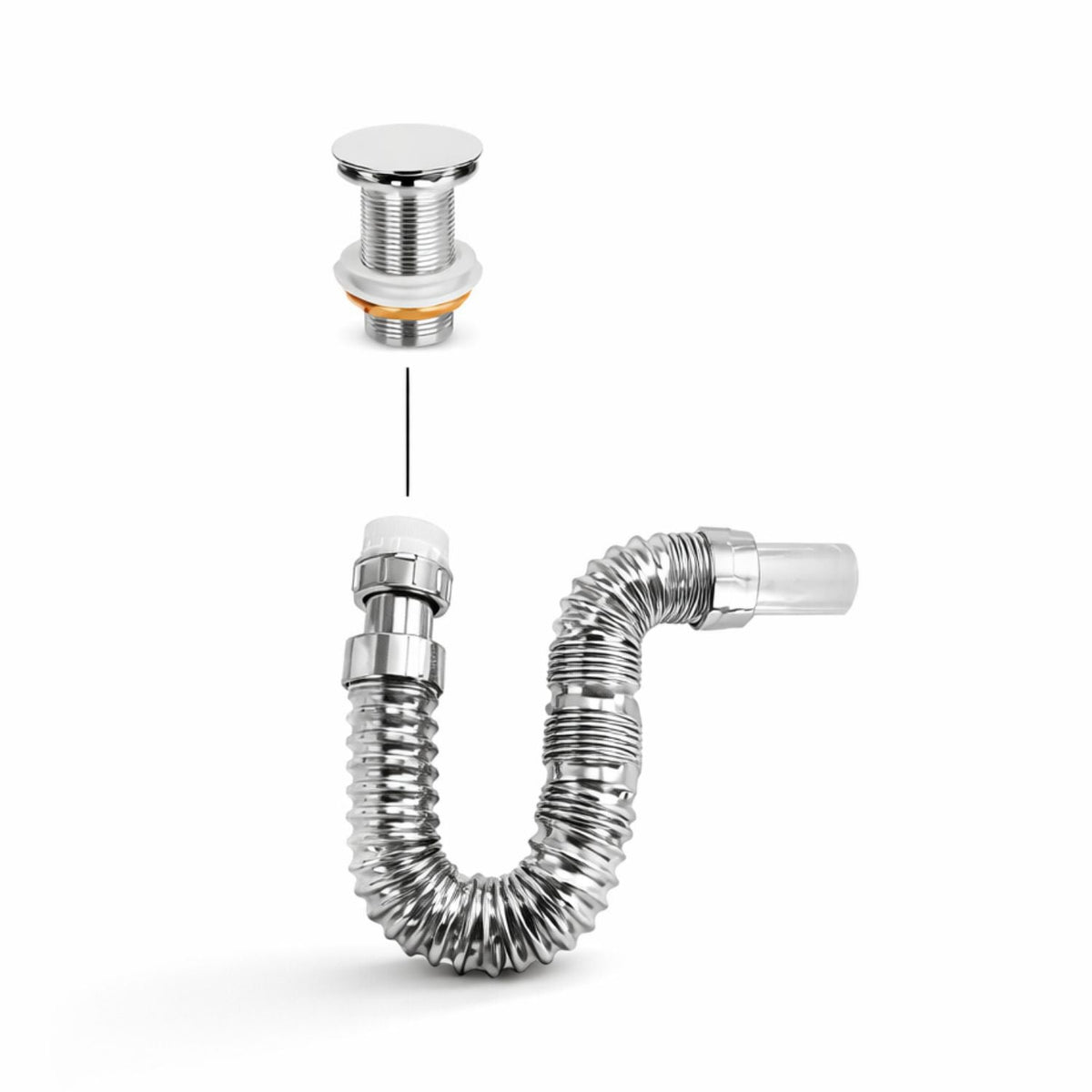 Desagüe push cromado con sifón flexible para lavamanos, incluido en el combo de baño