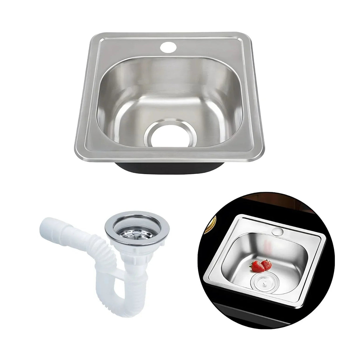 Set Lavaplatos Tipo Bar Acero 38x38 cm con Canastilla y Sifón Corrugado
