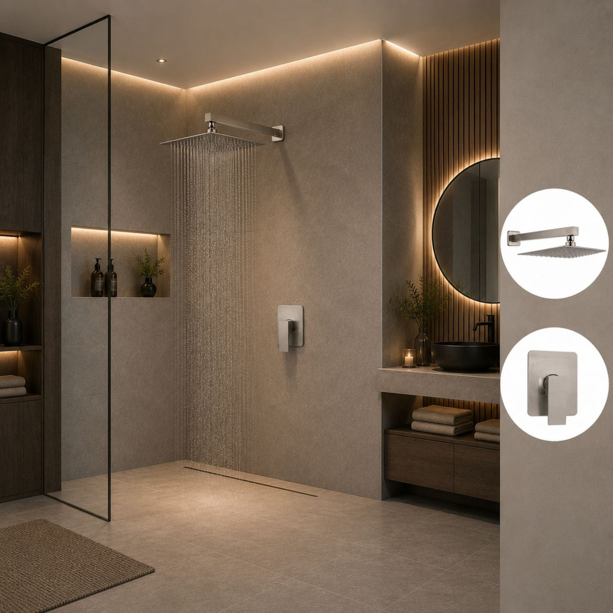 Conjunto De Ducha Orca Satinado Monocontrol Con Regadera De 8 Pulgadas