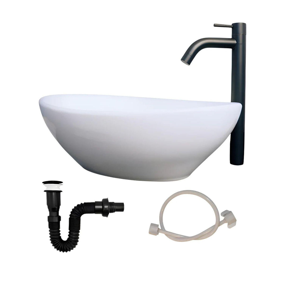 Kit Lavamanos Canoa Blanco 40,5 × 31 cm + Grifería Alta Negra + Desagüe Push y Acoflex