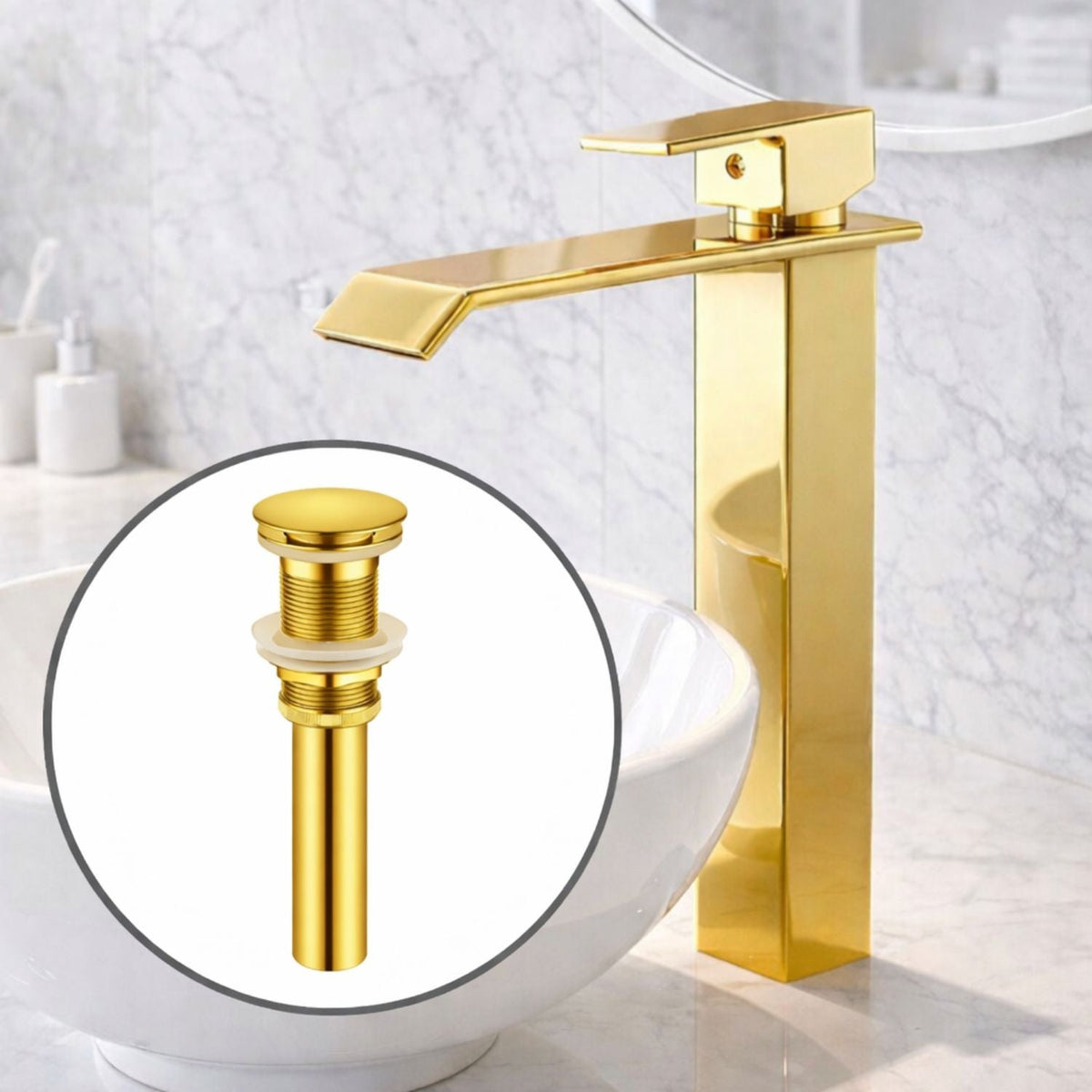 Kit Grifería Milán Oro 30 cm Y Desagüe Push Oro 7,8 cm
