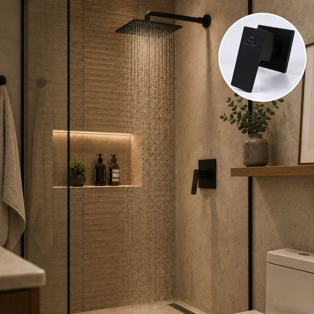 Manilla Schwarz negro mate instalada en una ducha de diseño moderno