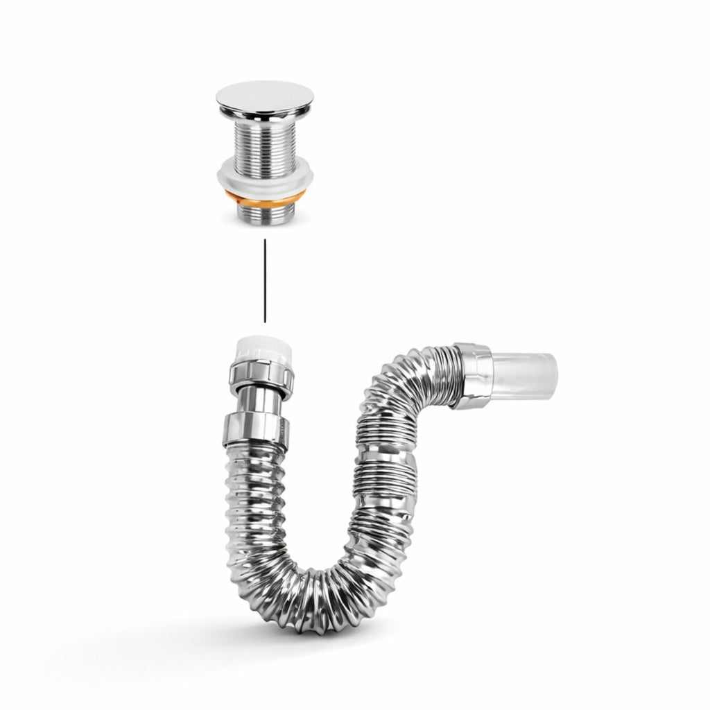 Desagüe push cromado con sifón flexible para lavamanos, incluido en el combo de baño