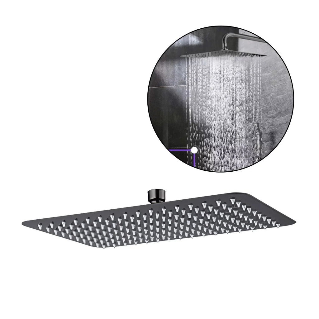 Regadera rectangular Kassel gunmetal sobre fondo blanco
