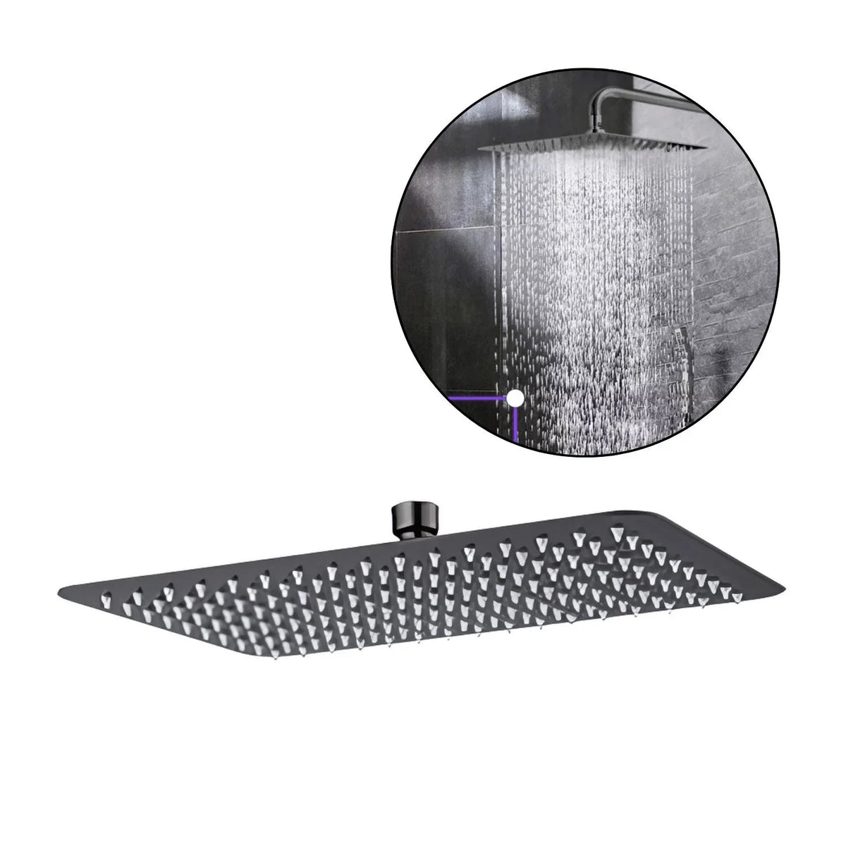 Regadera rectangular Kassel gunmetal sobre fondo blanco
