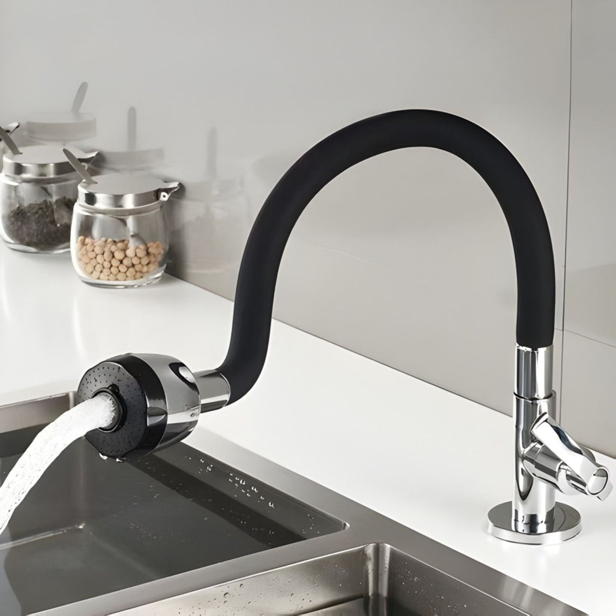 Grifería Flexible Negro Lavaplatos Cuello Silicona 360° Mesa
