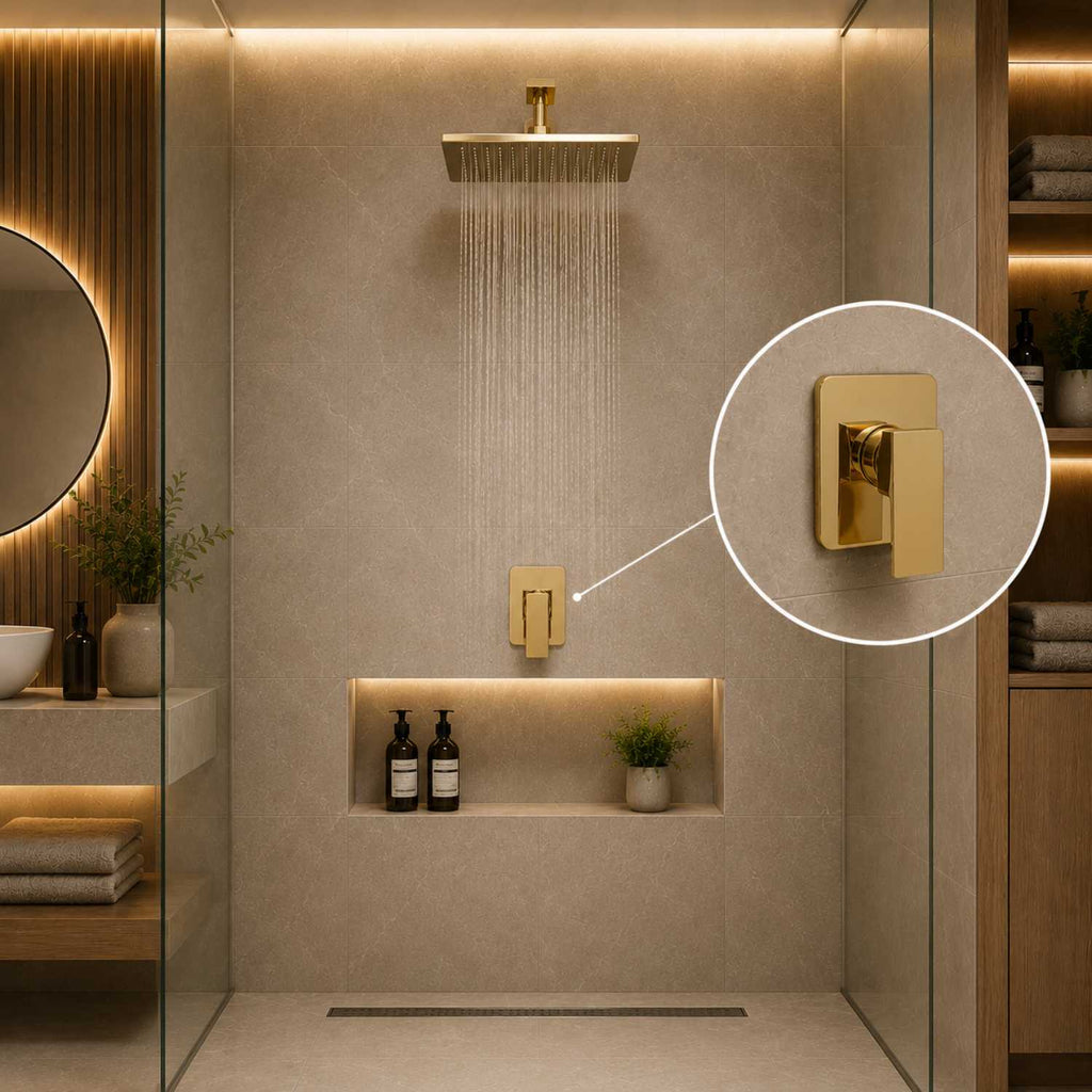 Monocontrol Ducha Cuadrado Oro 12 cm Empotrado para Baño