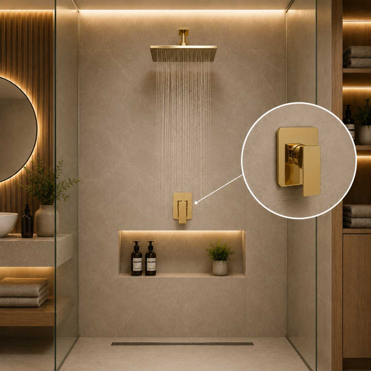 Monocontrol Ducha Cuadrado Oro 12 cm Empotrado para Baño