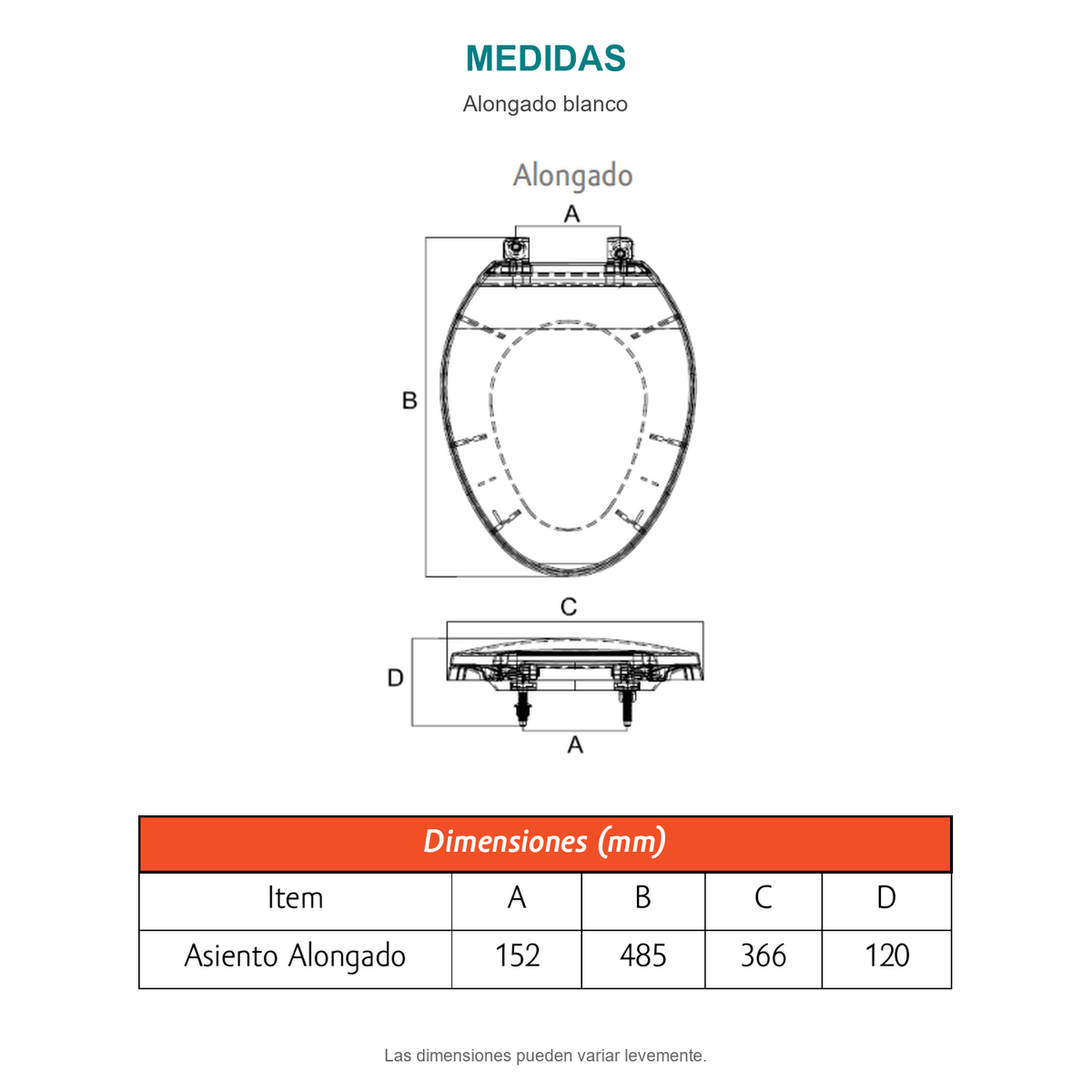 Croquis del asiento sanitario alongado blanco. A: 152 mm; B: 485 mm; C: 366 mm; D: 120 mm.
