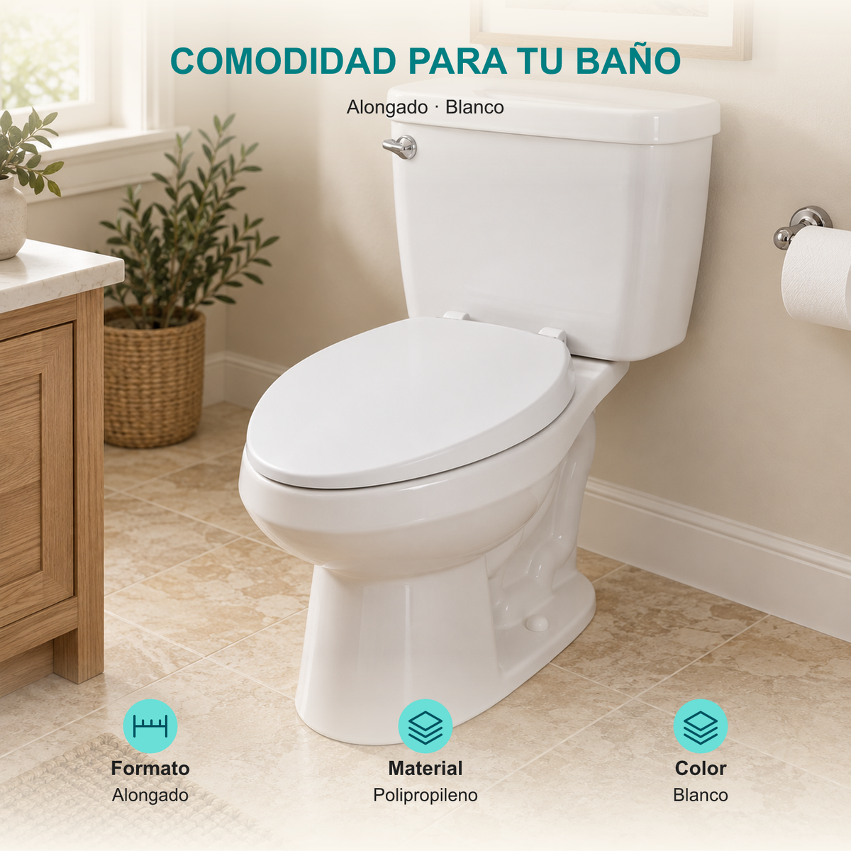 Asiento sanitario alongado Alongado: Formato: Alongado; Material: Polipropileno; Color: Blanco.