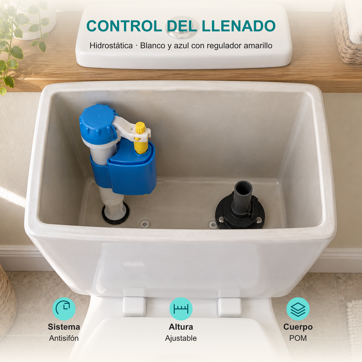 Válvula de entrada para sanitario Hidrostática: Sistema: Antisifón; Altura: Ajustable; Cuerpo: POM.