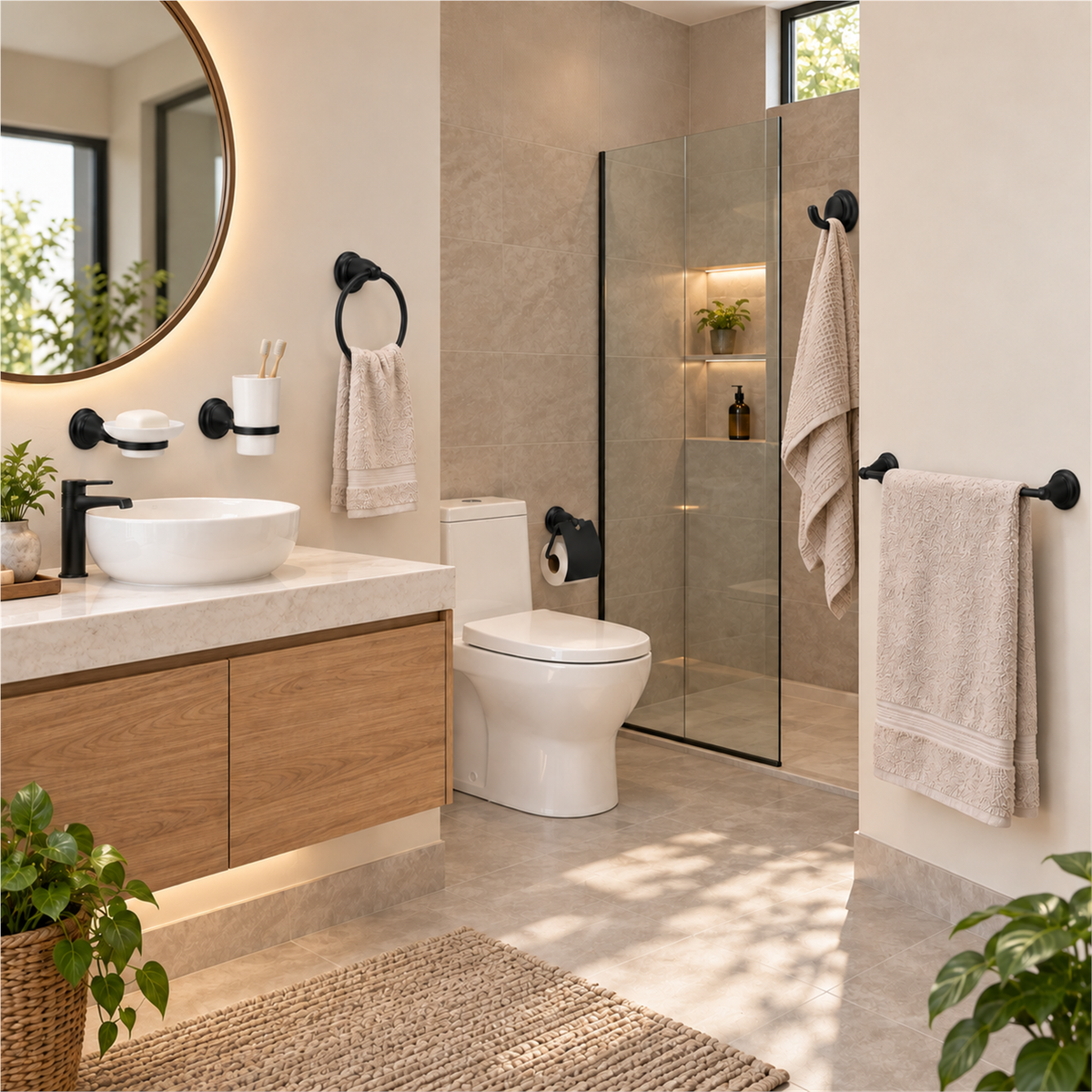 Juego de accesorios para baño negro de 6 piezas ambientado con separación realista
