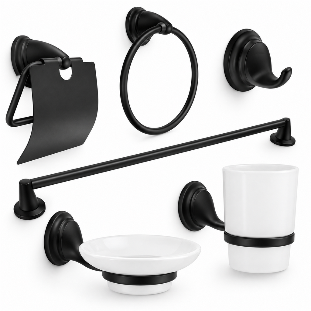 Juego de accesorios para baño negro de 6 piezas sobre fondo limpio