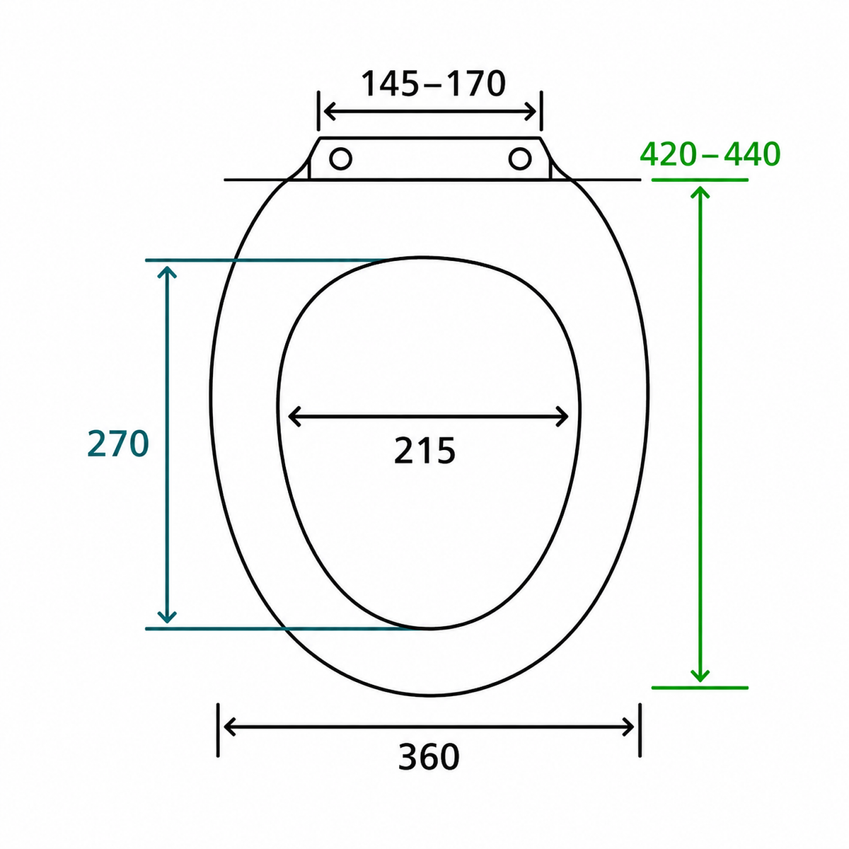 Diagrama de medidas del asiento sanitario blanco con cierre suave Colomba Soft