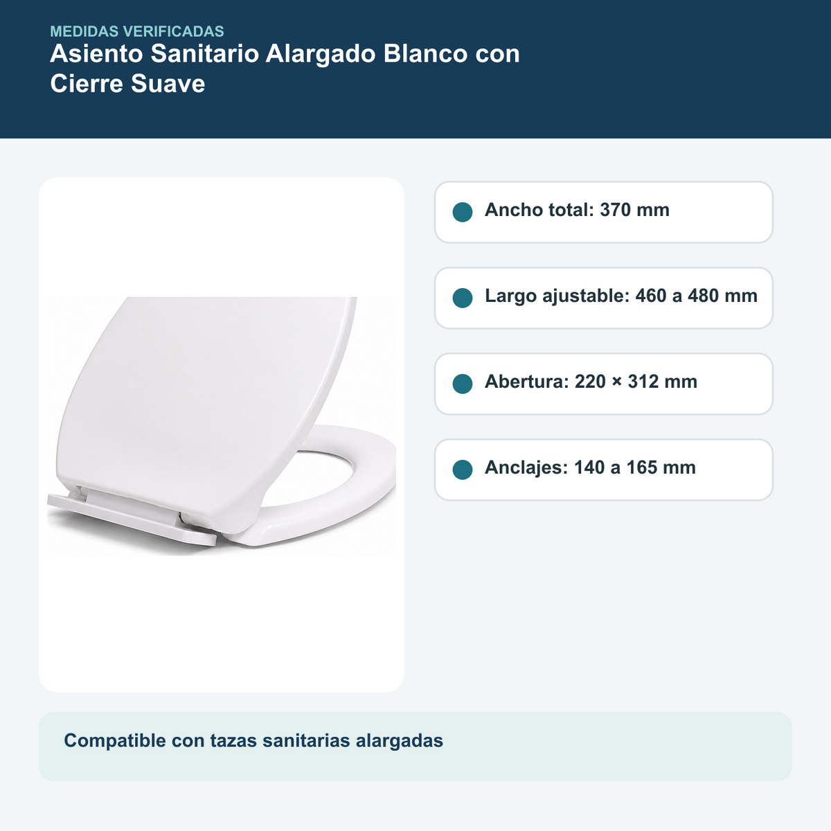Medidas y datos verificados del asiento sanitario alargado blanco con cierre suave