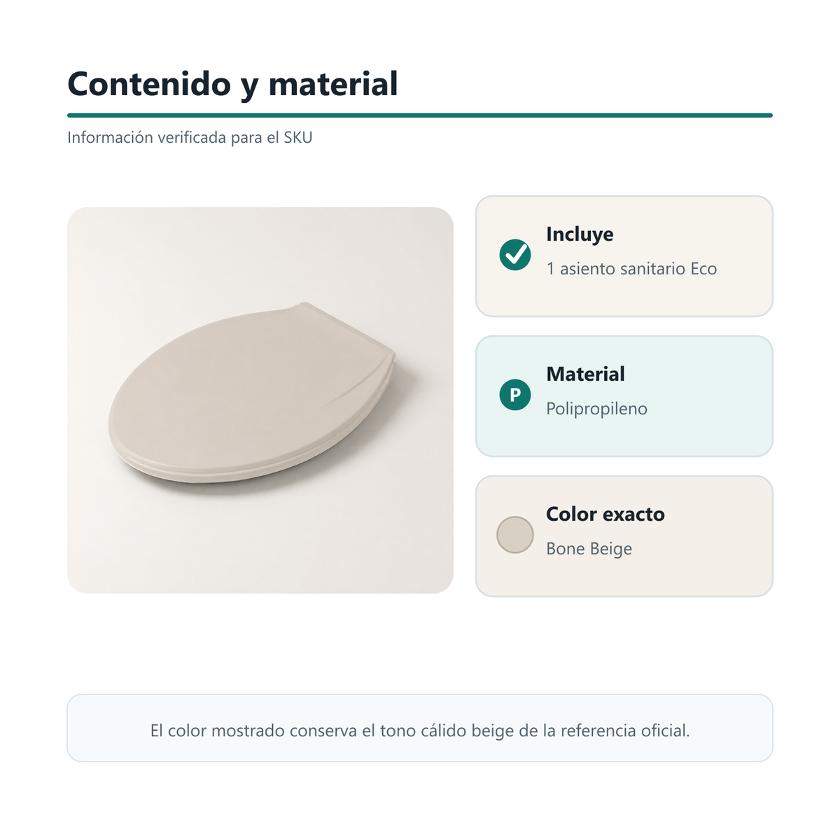 Contenido, material de polipropileno y color Bone Beige del asiento sanitario Eco