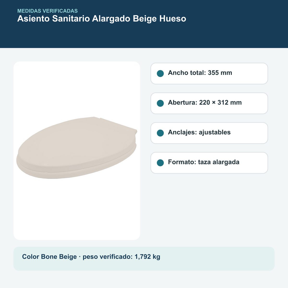 Medidas y datos verificados del asiento sanitario alargado beige hueso