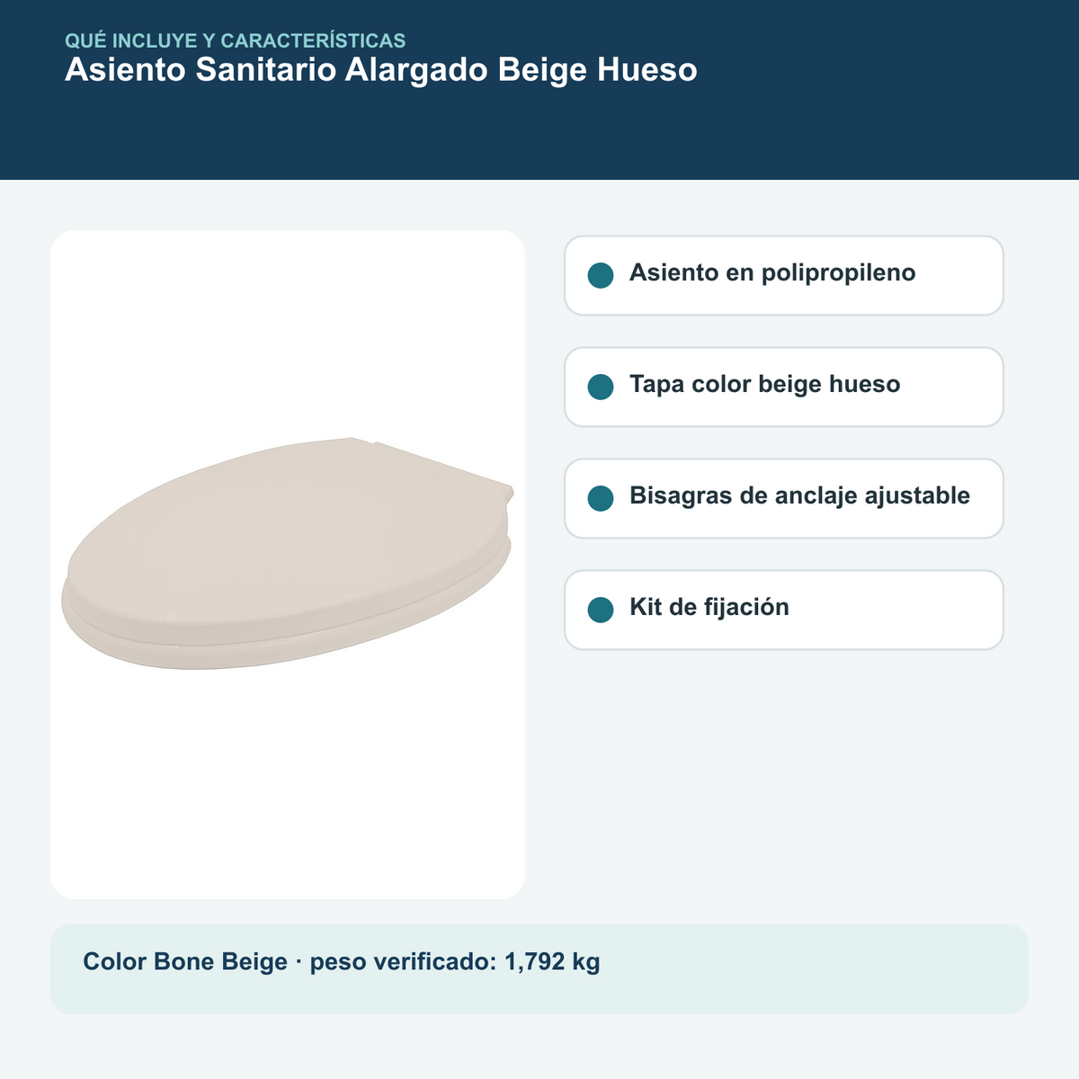 Contenido y características del asiento sanitario alargado beige hueso