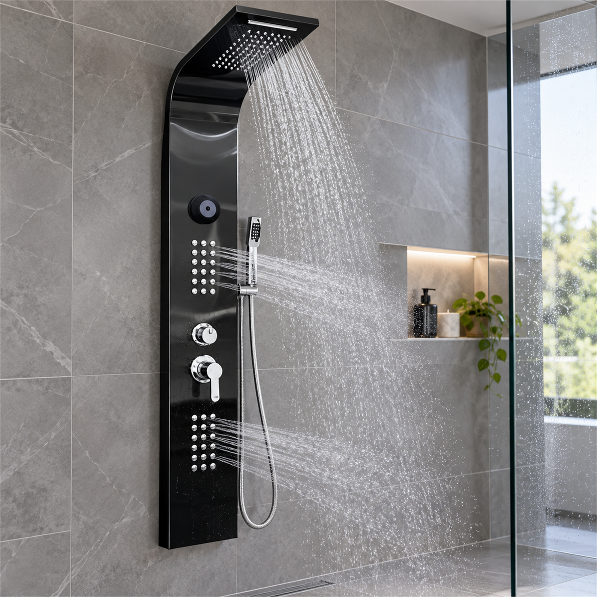 cover Torre De Ducha Negra Con Bluetooth Y Teleducha