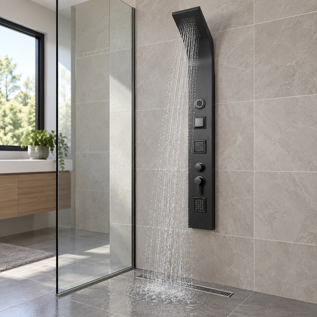 Torre De Ducha Negra Mate Con Bluetooth - 01 ambientacion