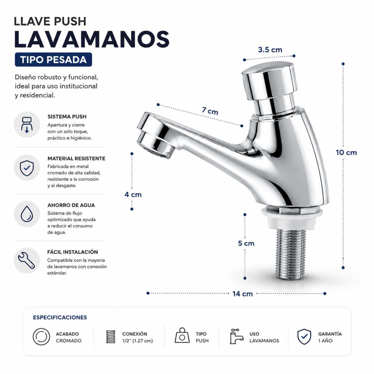 Llave Lavamanos Push Tipo Pesada Cromada 14 cm