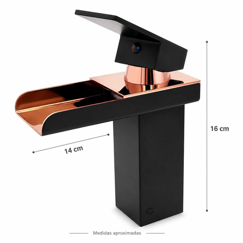 Grifería Monocontrol Lavamanos Cascada Negro Y Oro Rosa 18 cm