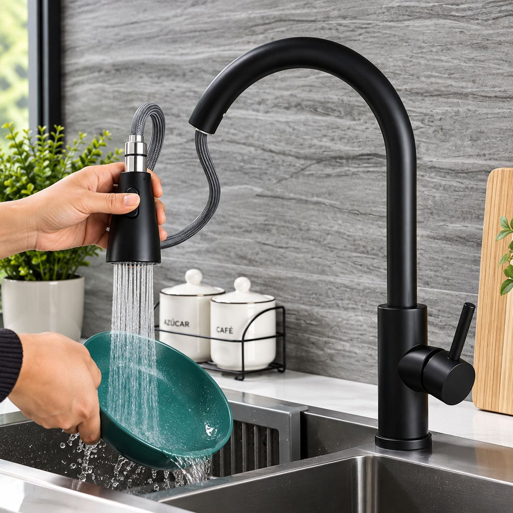 Grifería lavaplatos extraíble negra XL – manguera extendida