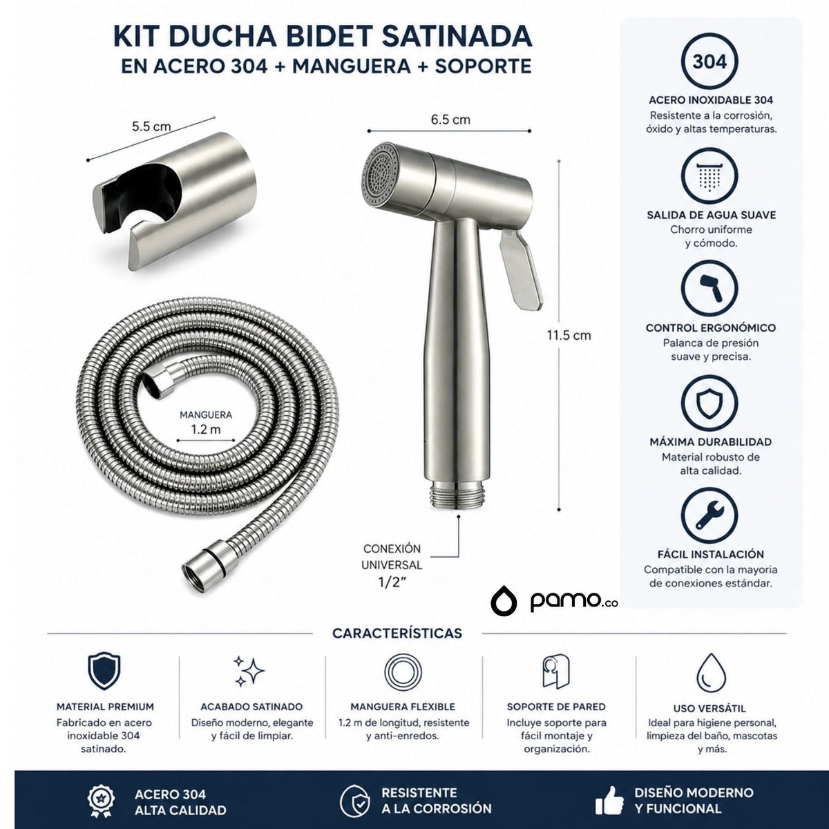 Kit Ducha Bidet Satinado En Acero 304 Con Manguera Y Soporte