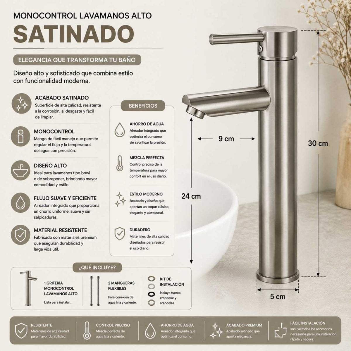 Grifería Monocontrol Lavamanos Alta Satinada 30 cm