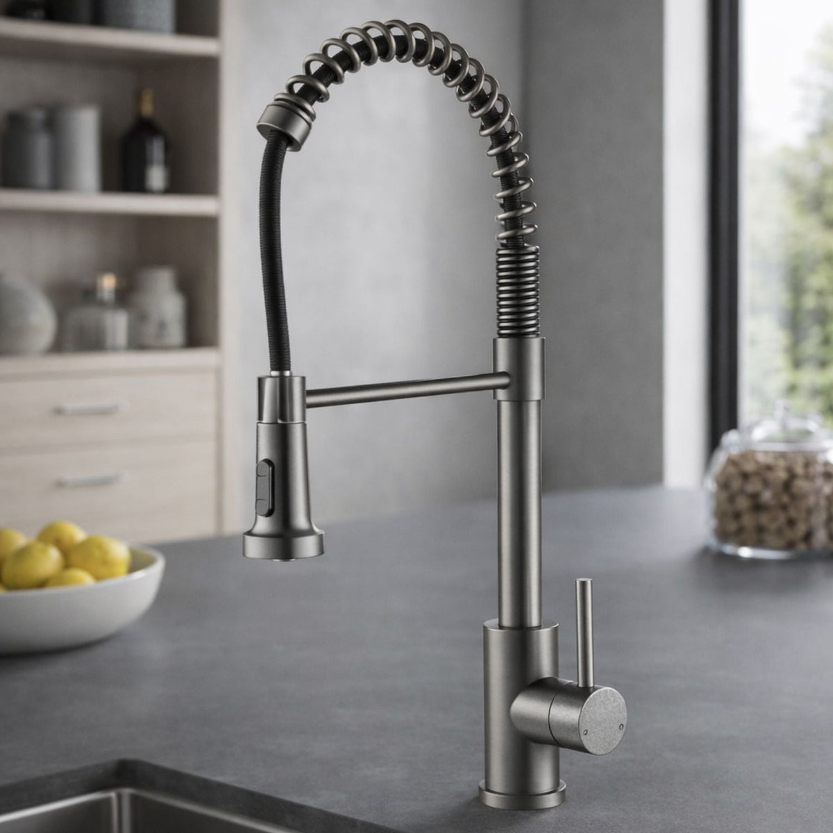 Griferia Monocontrol Piegatto Gris Concreto Rociador Extraible