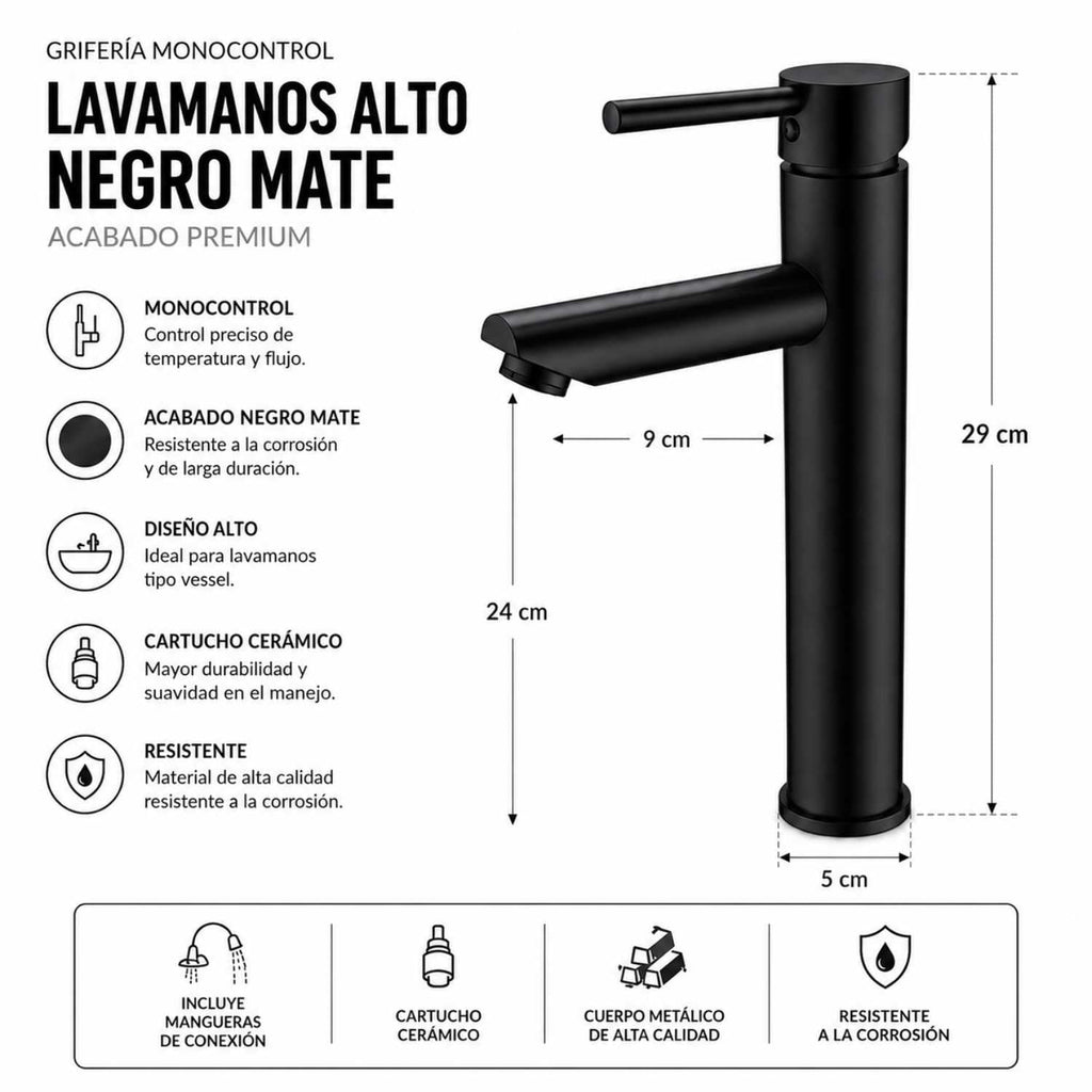 Grifería Monocontrol Lavamanos Alta Negro Mate 29 cm