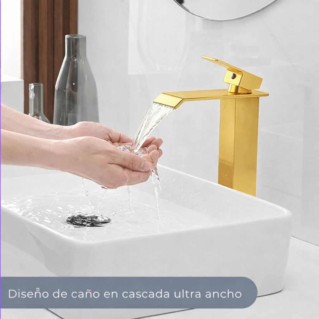 Grifería Lavamanos Alta Cascada Oro Brillante 28 cm de alto