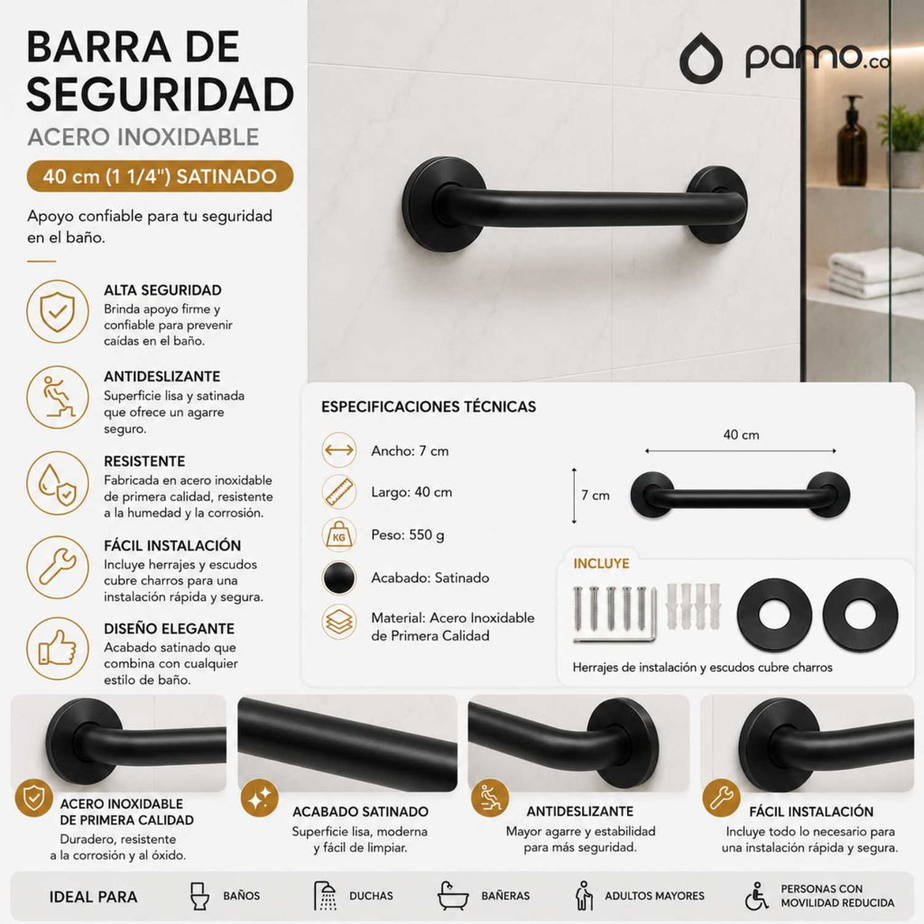 Medidas, material y herrajes de la barra de seguridad para baño de 40 cm