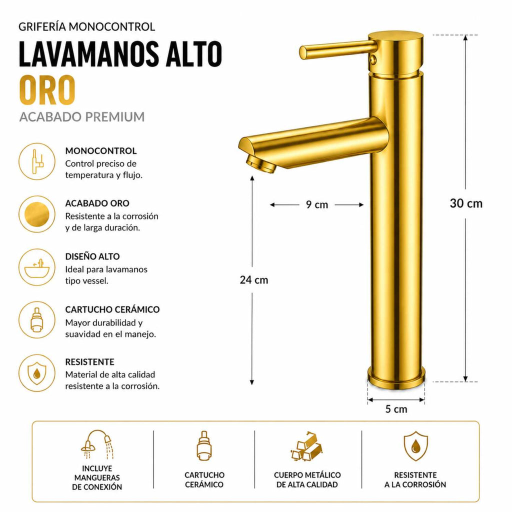 Grifería Monocontrol Lavamanos Alta Oro Brillante 30 cm