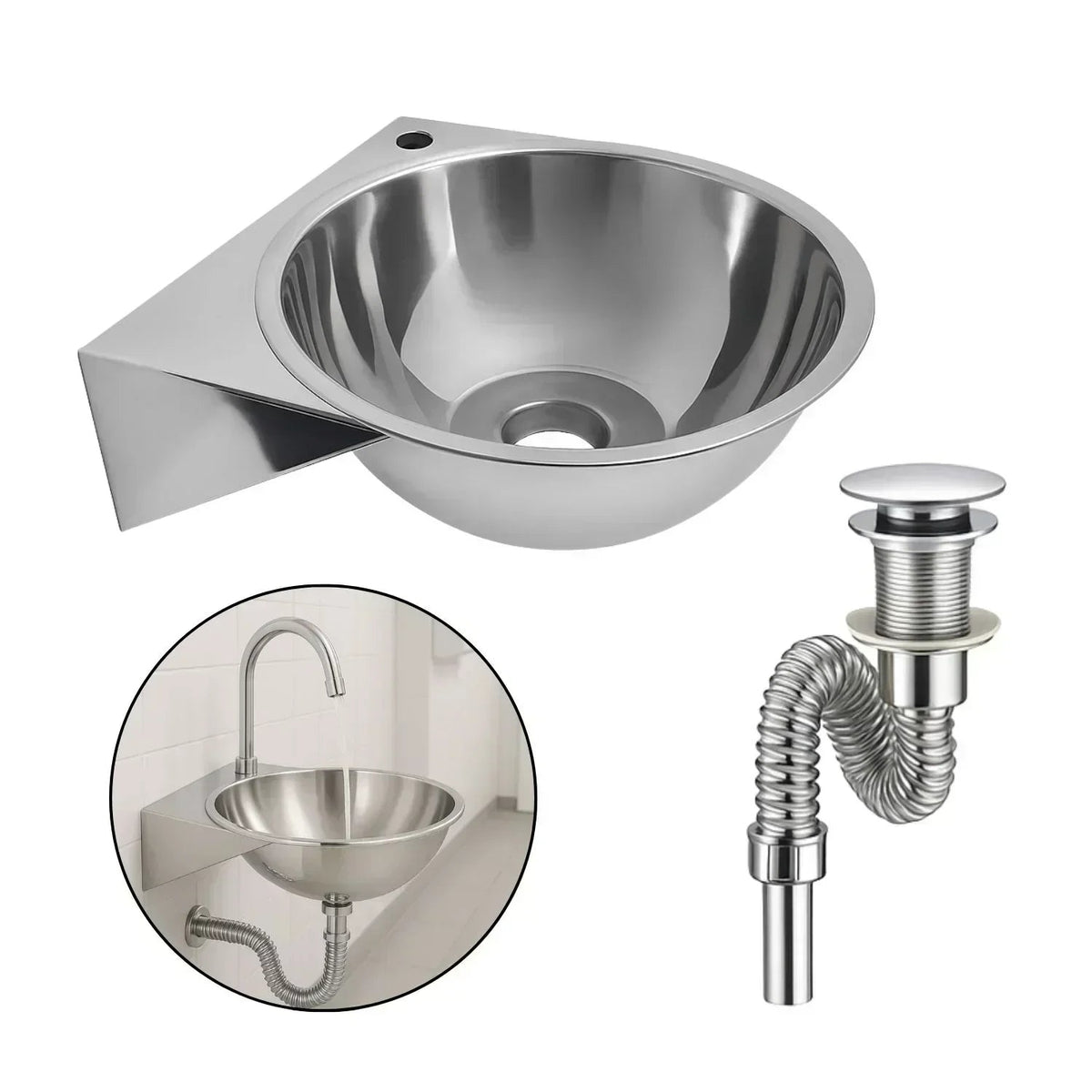 Set Lavamanos Plataforma Acero Inoxidable 24x26cm Pared + Desague