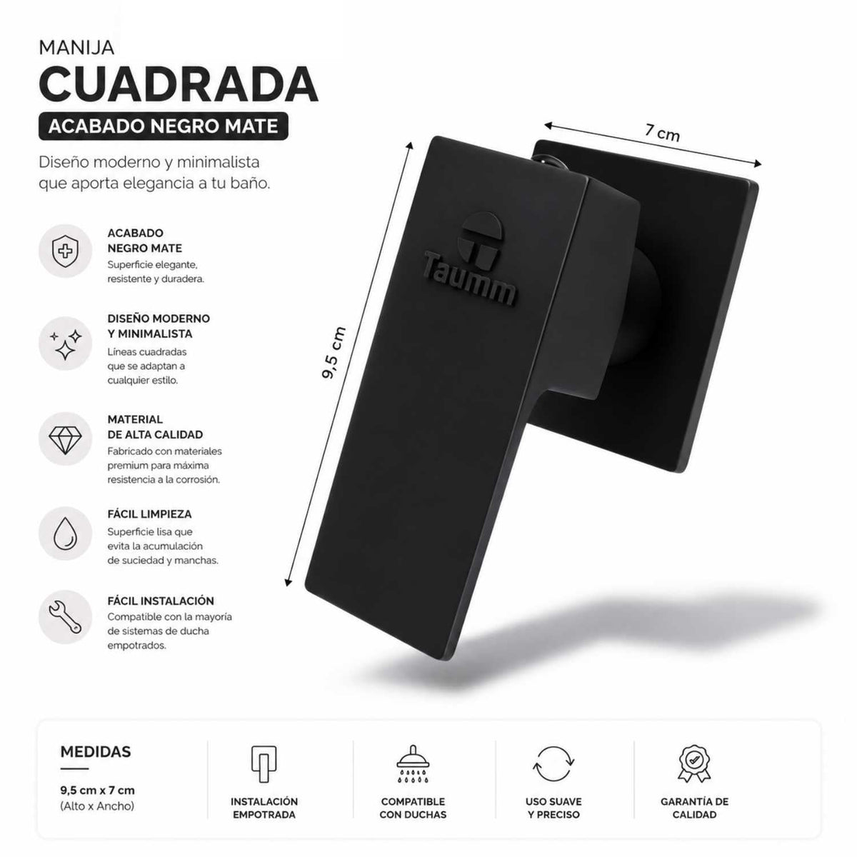 Medidas de 9,5 por 7 cm de la manilla cuadrada con escudo negro mate